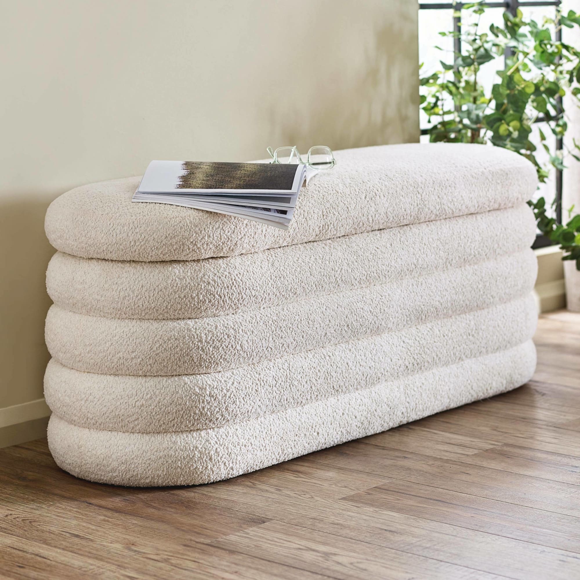 Hailey - Ottoman Storage Bench - Ivory - Boucle Fabric - Happy Beds