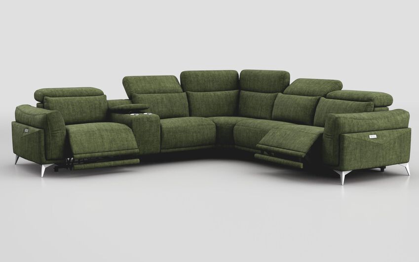 Green Fabric Gattolino 2 Corner 2 Power Recliner Sofa with Manual Headrests & Console