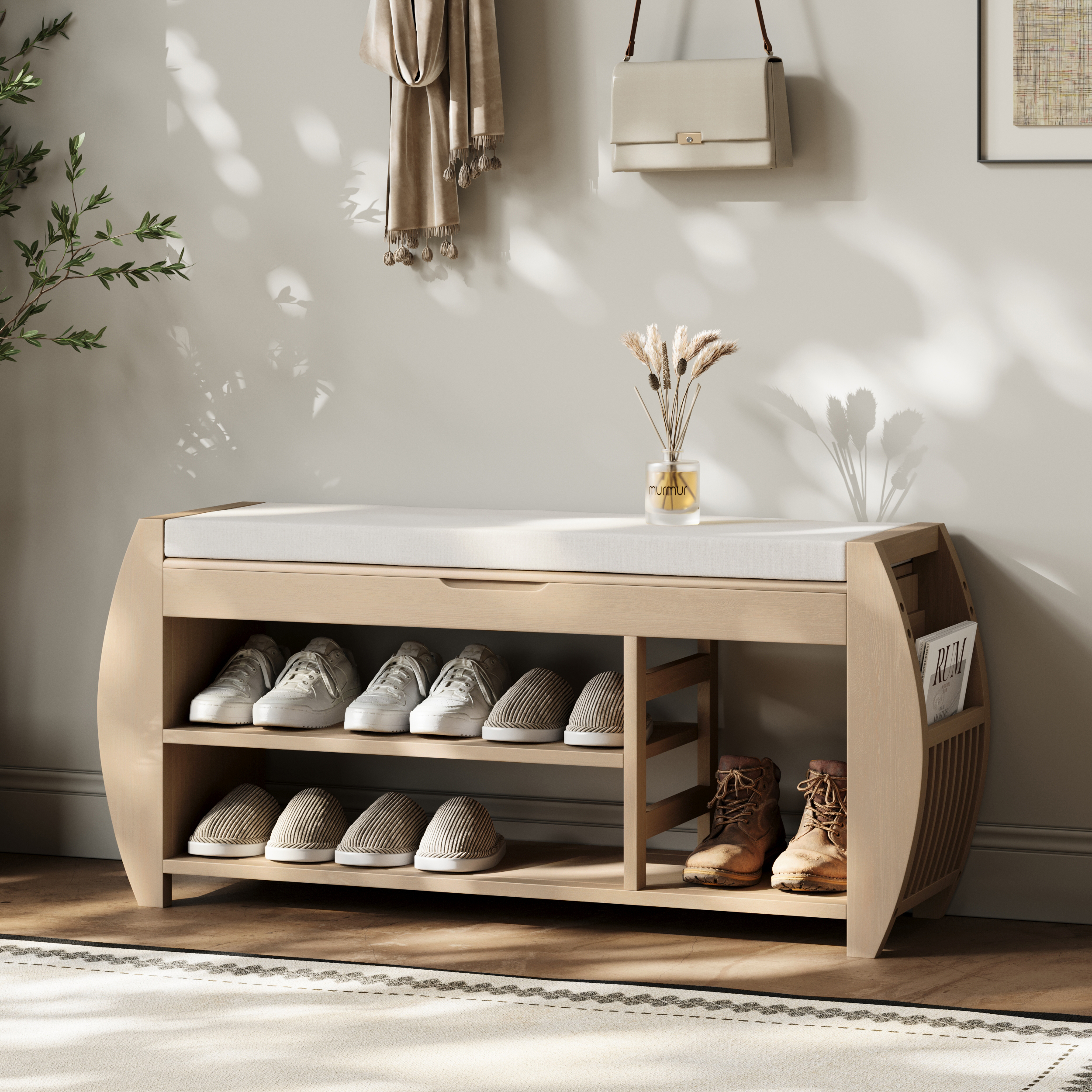 100 cm Wood Veneer Whitewash Shoe Storage Entryway Bench with Shoe Rack