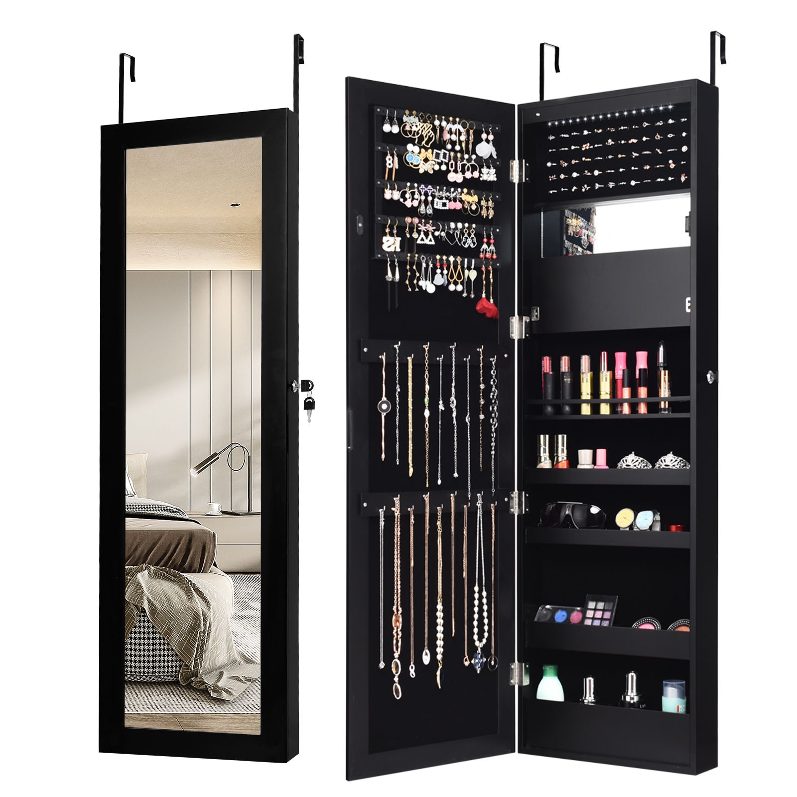 Costway Wall/Door Mounted Jewelry Armoire Organizer Full-length Mirror Storage Cabinet in Black