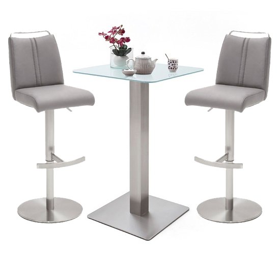Soho White Glass Bar Table With 2 Giulia Ice Grey Stools