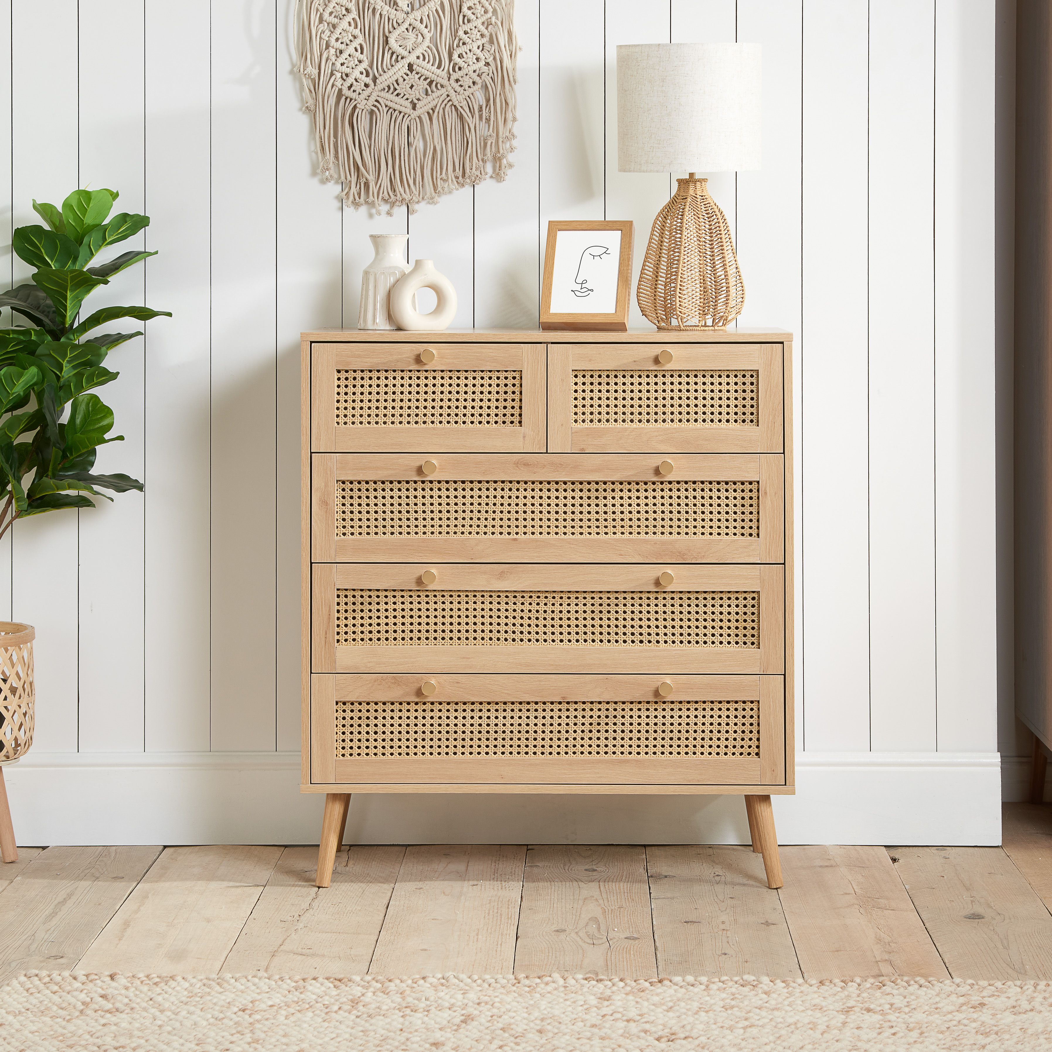 Birlea Croxley Chest of 5 Drawers Rattan Croxley Mid Century Modern in Natural