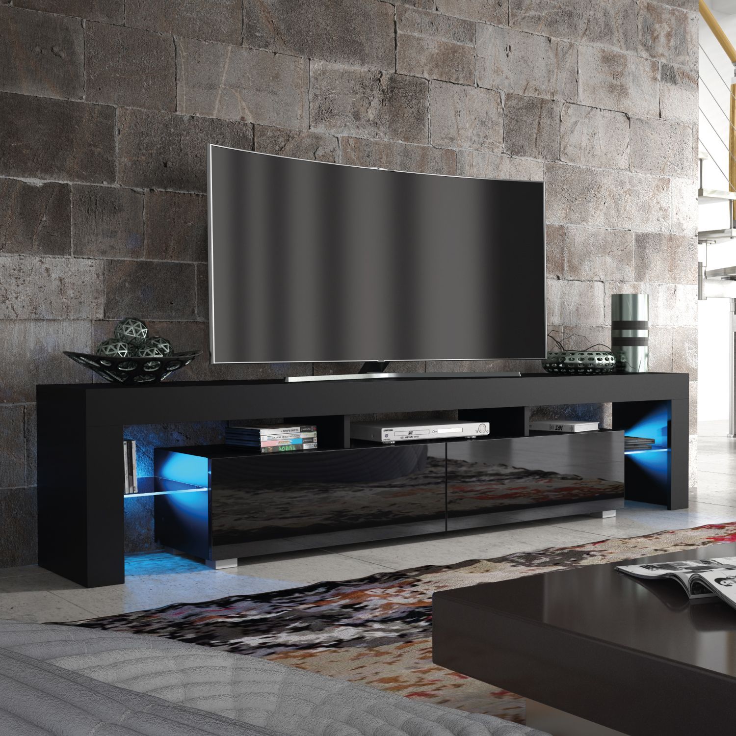Creative Furniture Nova TV Unit 200cm - A Spacious & Modern Cabinet with Gloss Doors & LED Lights in Black