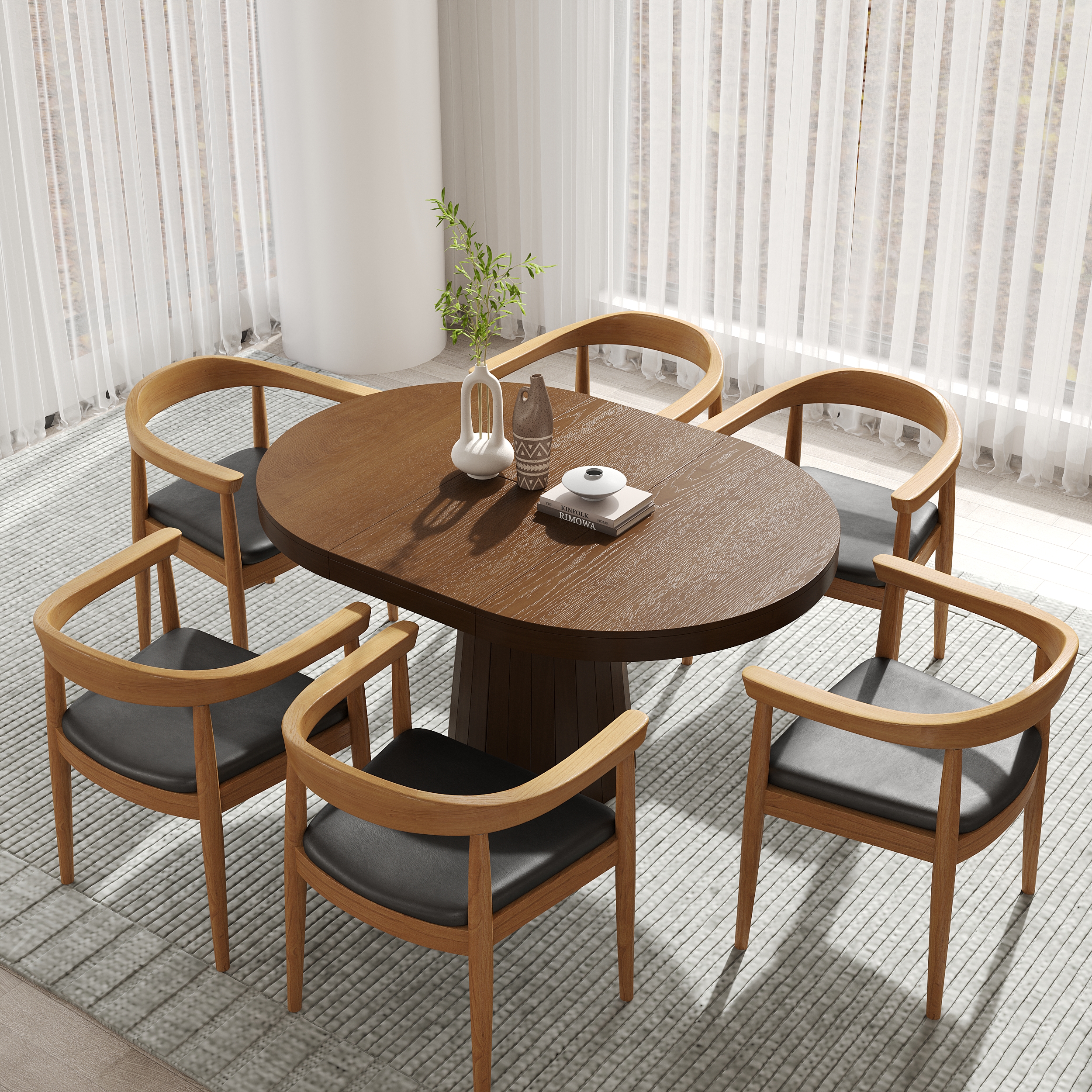Chairs Upholstered Leather Curved Back Walnut Wooden Armchair  Oval&Round Dining Table Extendable Table Pedestal 6-Seater Japandi Walnut