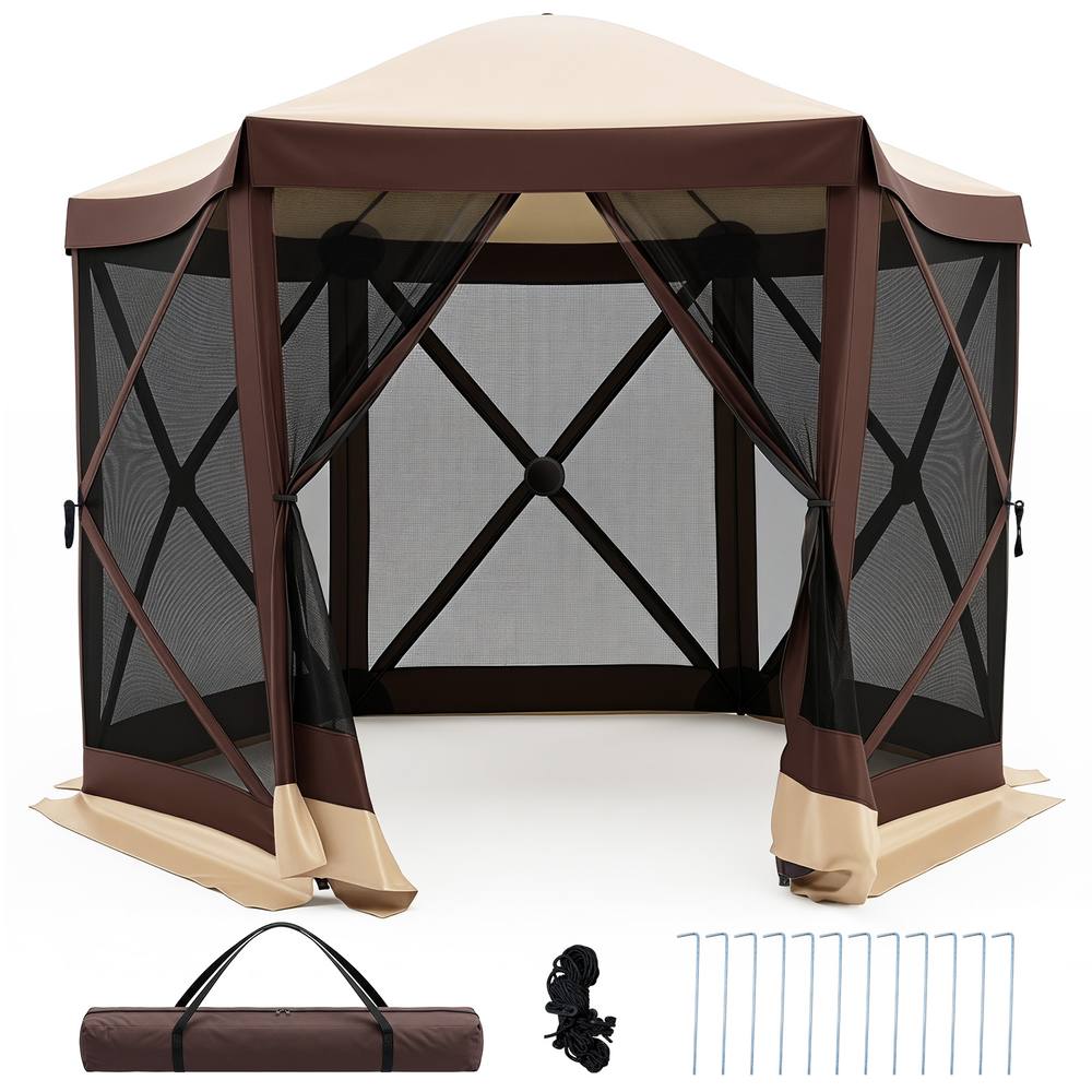 Costway Foldable Gazebo w/6 Net Sides & Zipped Door 6-Sided Garden Pavilion in Brown