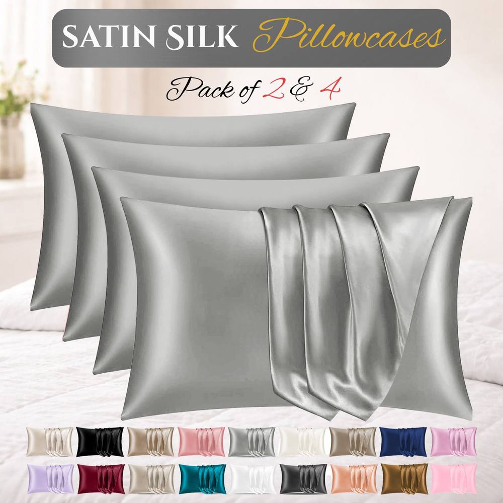Grace Satin Silk Pillow Cases Pack of 4 Super Soft Smooth Pillow Covers in Grey