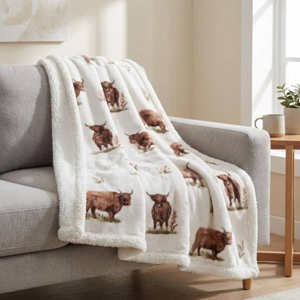 Garden Greatness Highland Cow Cosy Warm Fleece Blanket in White