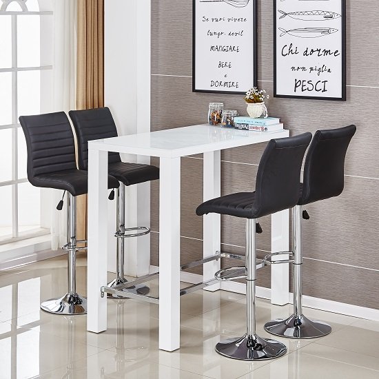 Jam Glass Bar Set Rectangular White Gloss 4 Ripple Black Stools