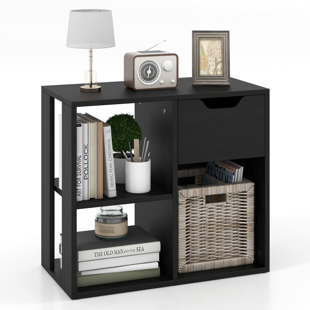 Costway 3-Cube Bookcase 2-tier Wooden Storage Shelf w/ Drawer in Black