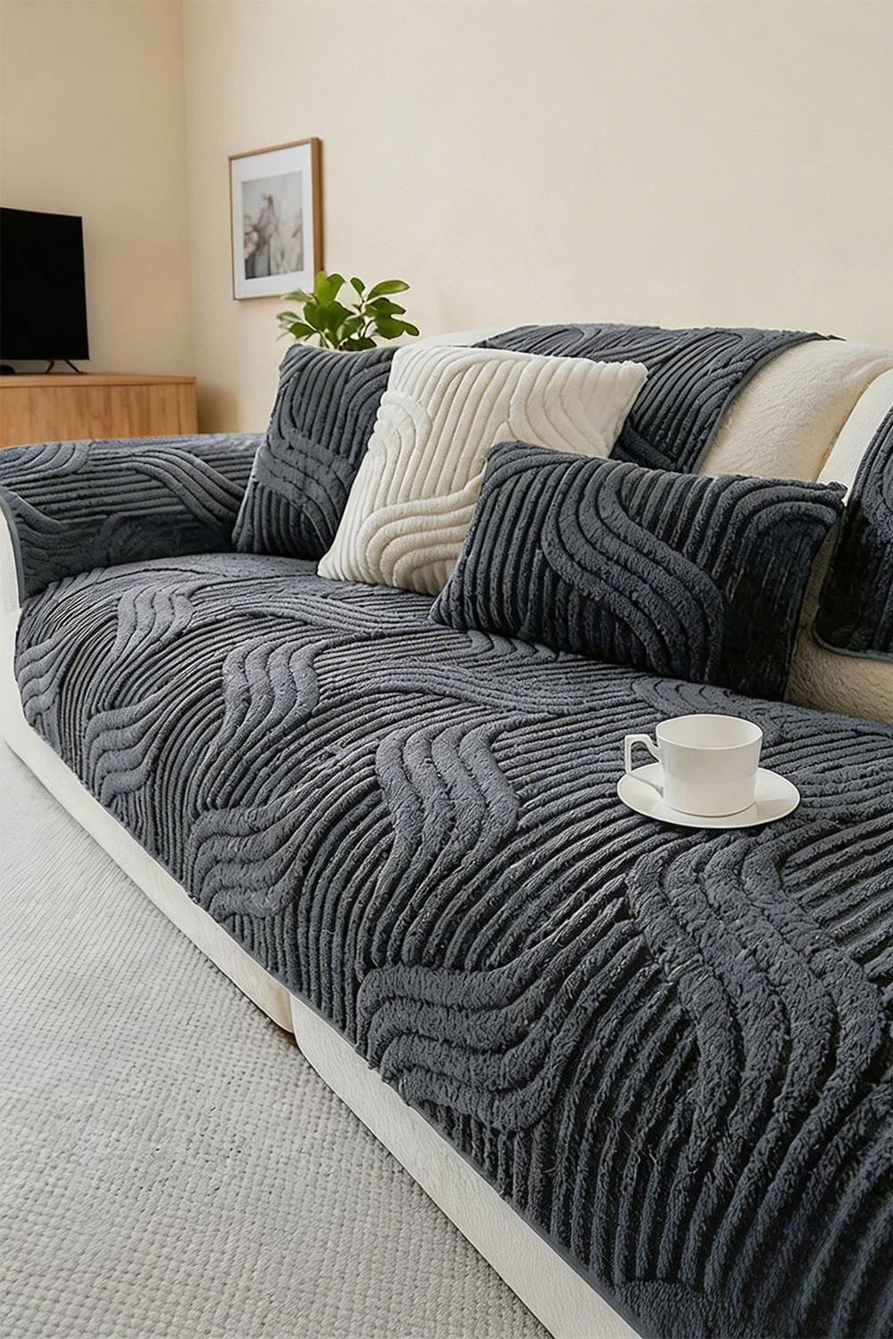 Living and Home Non-Slip Sofa Cover in Durable Polyester in Dark Grey