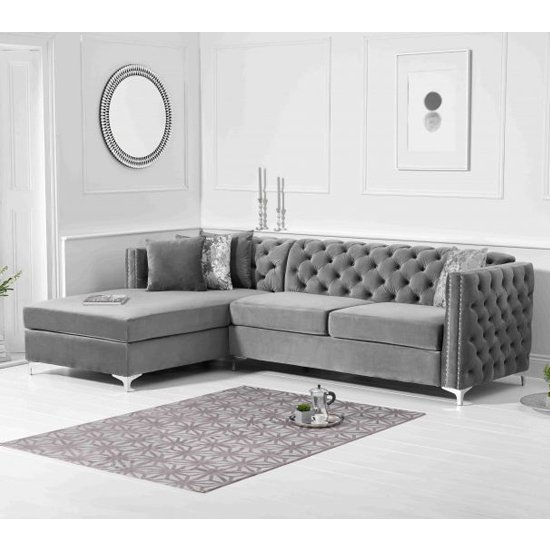 Maxo Velvet Upholstered Left Handed Chaise Corner Sofa In Grey