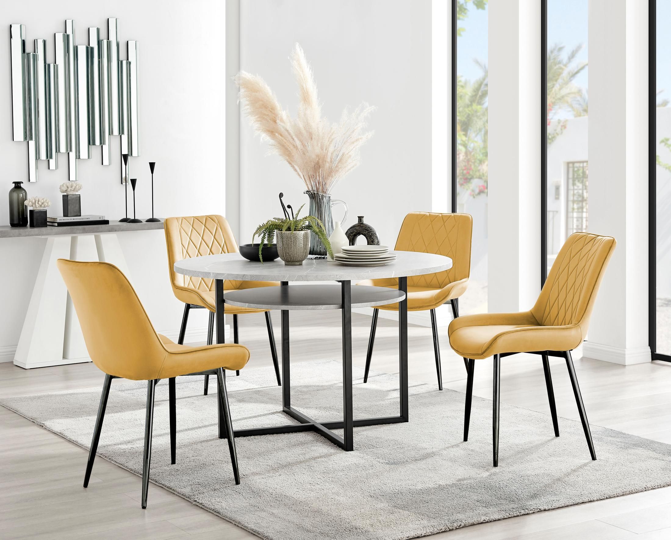 FurnitureboxUK Adley Grey Concrete Effect & Black Round Dining Table with Shelf & 4 Velvet Pesaro Dining Chairs in Mustard