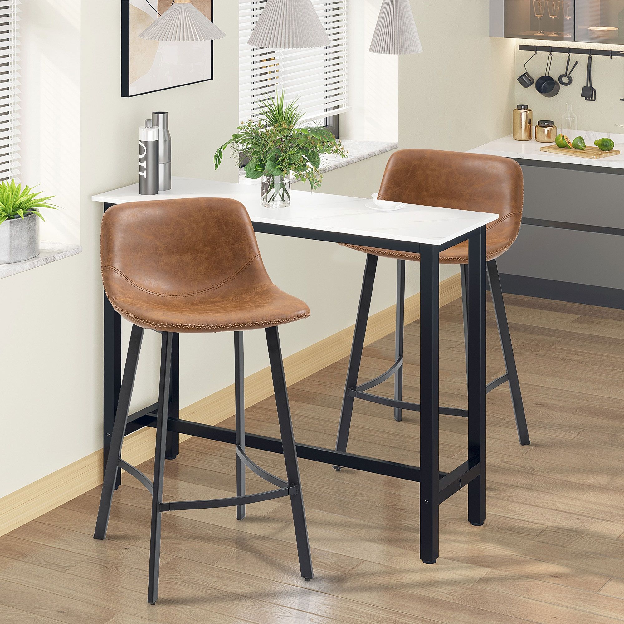 HOMCOM Industrial Bar Stools Set of 2, Upholstered Kitchen Stool in Brown