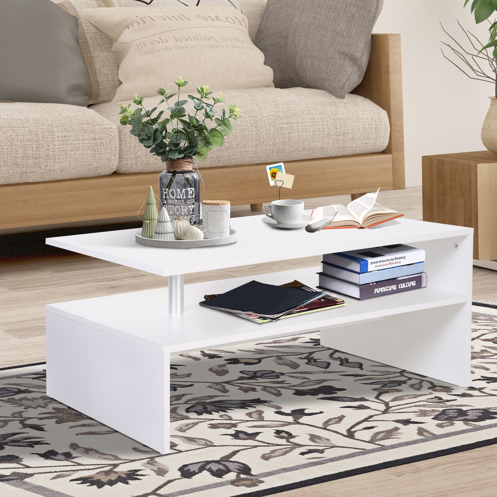 HOMCOM 2 Tier Coffee Table End/Side Table Modern Design Open Shelf in White