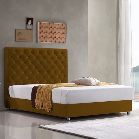 Martinsburg Plush Velvet Upholstered Super King Size Bed In Mustard