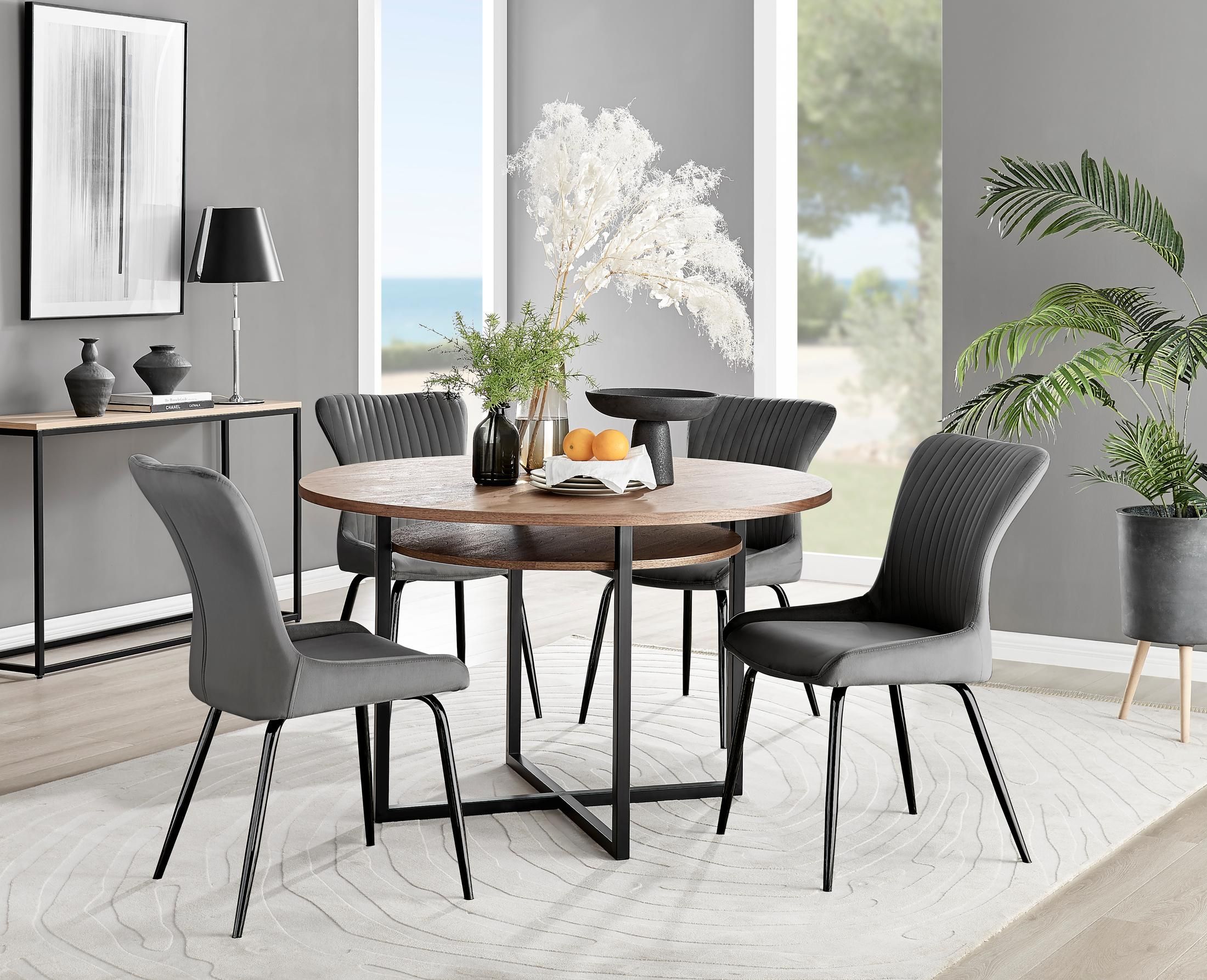 FurnitureboxUK Adley Brown Wood Storage Dining Table & 4 Nora Black Leg Chairs in Dark Grey