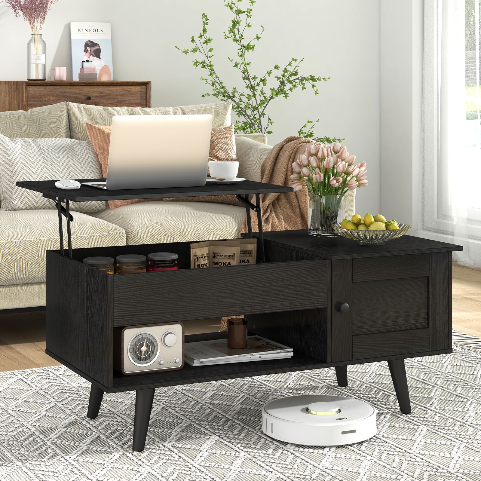 Costway Lift Top Coffee Table Pull up Coffee Table with Storage in Black