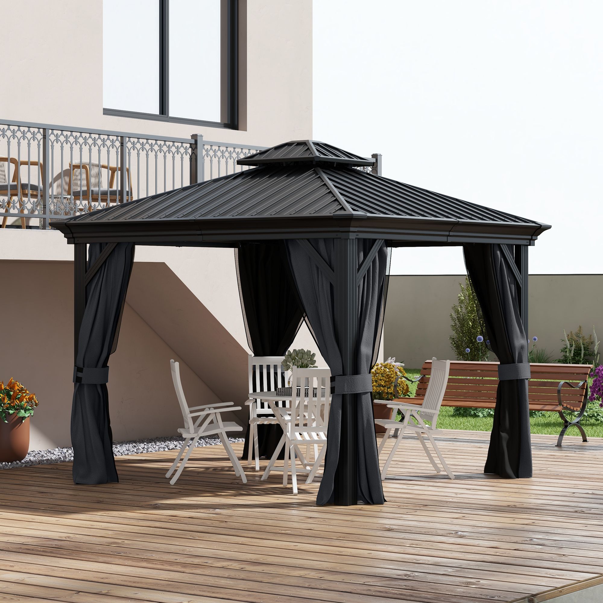 OUTSUNNY 3 x 3.7m Aluminium Outdoor Hardtop Gazebo Canopy 2-Tier Roof in Dark Grey