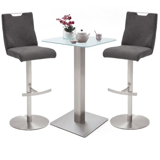 Soho White Glass Bar Table With 2 Jiulia Fabric Grey Stool