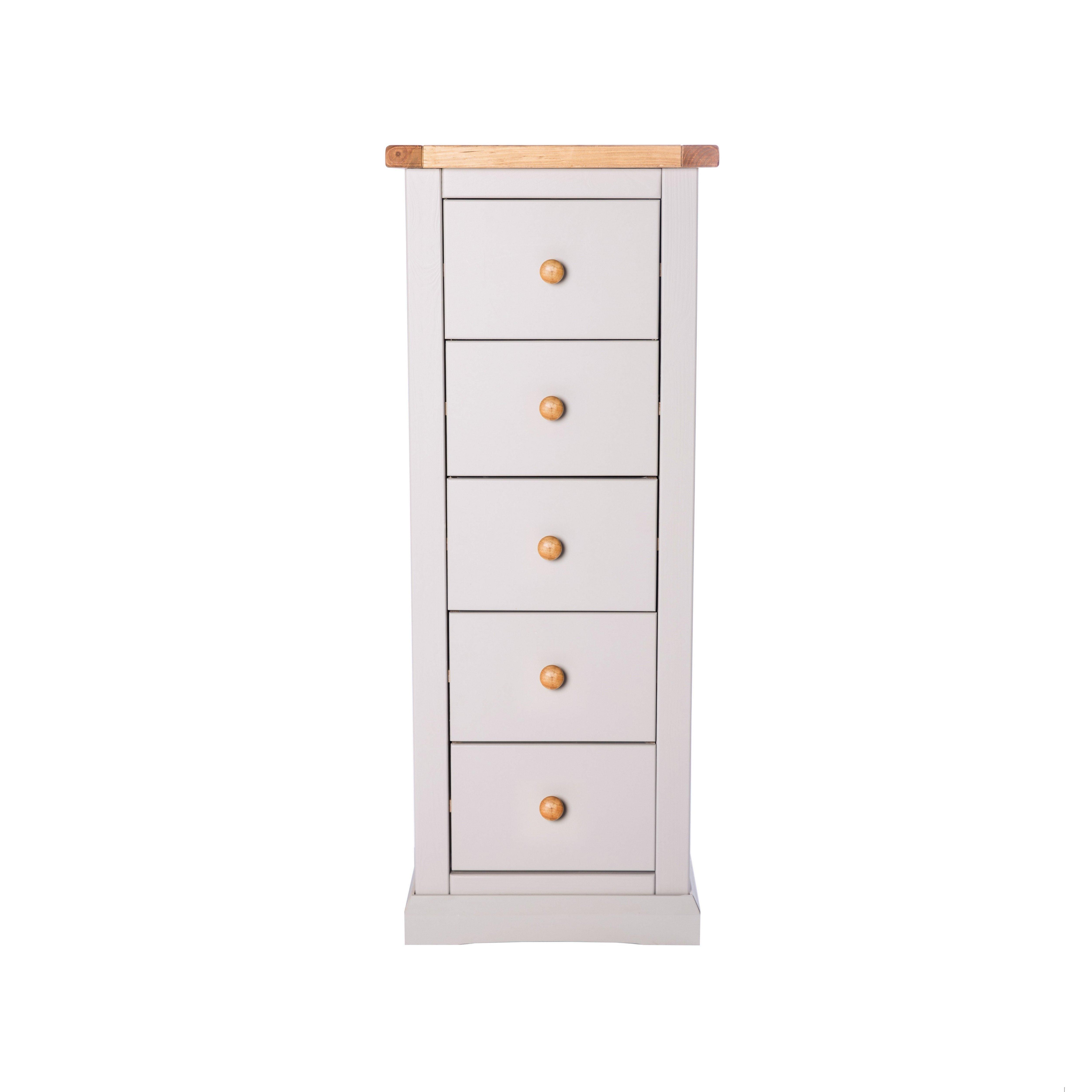 Cabinet Bits Loreo 5 Drawer Narrow Chest of Drawers Wood Knob in Light Grey