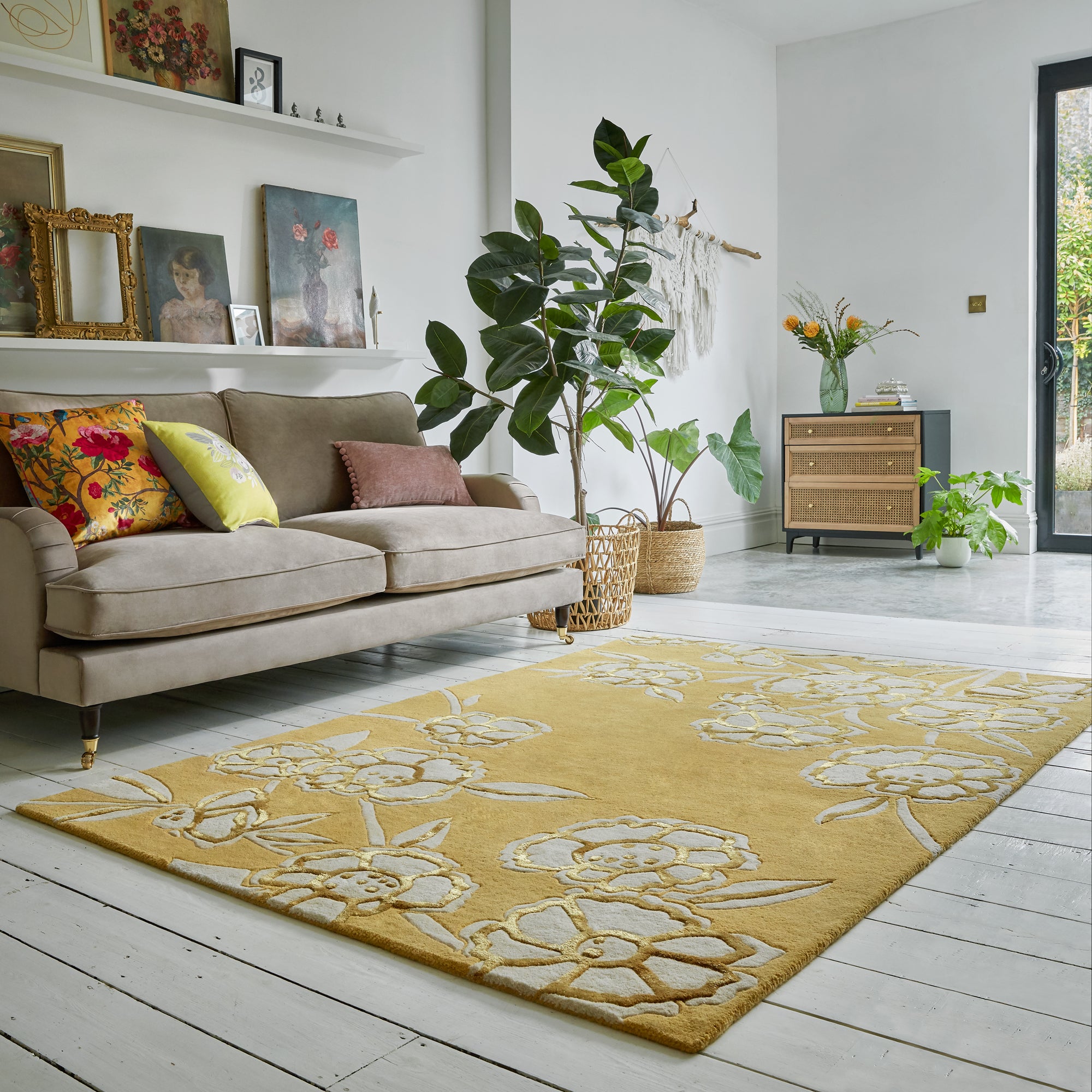 Fleur Floral Wool Mix Rug Yellow