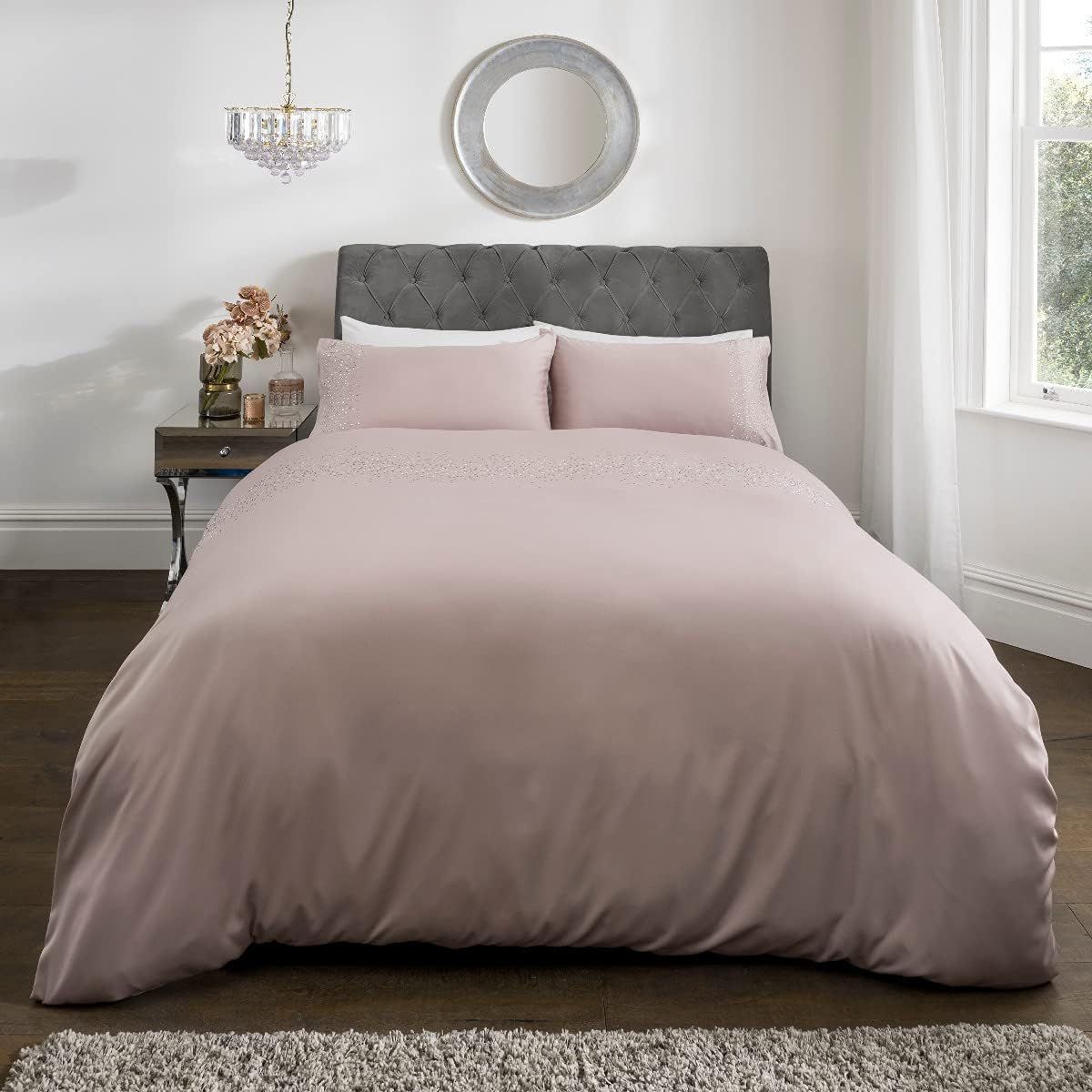 Smart Living Luxury Hotel Quality Diamonte Embellished Duvet Cover with Pillowcases in Pink