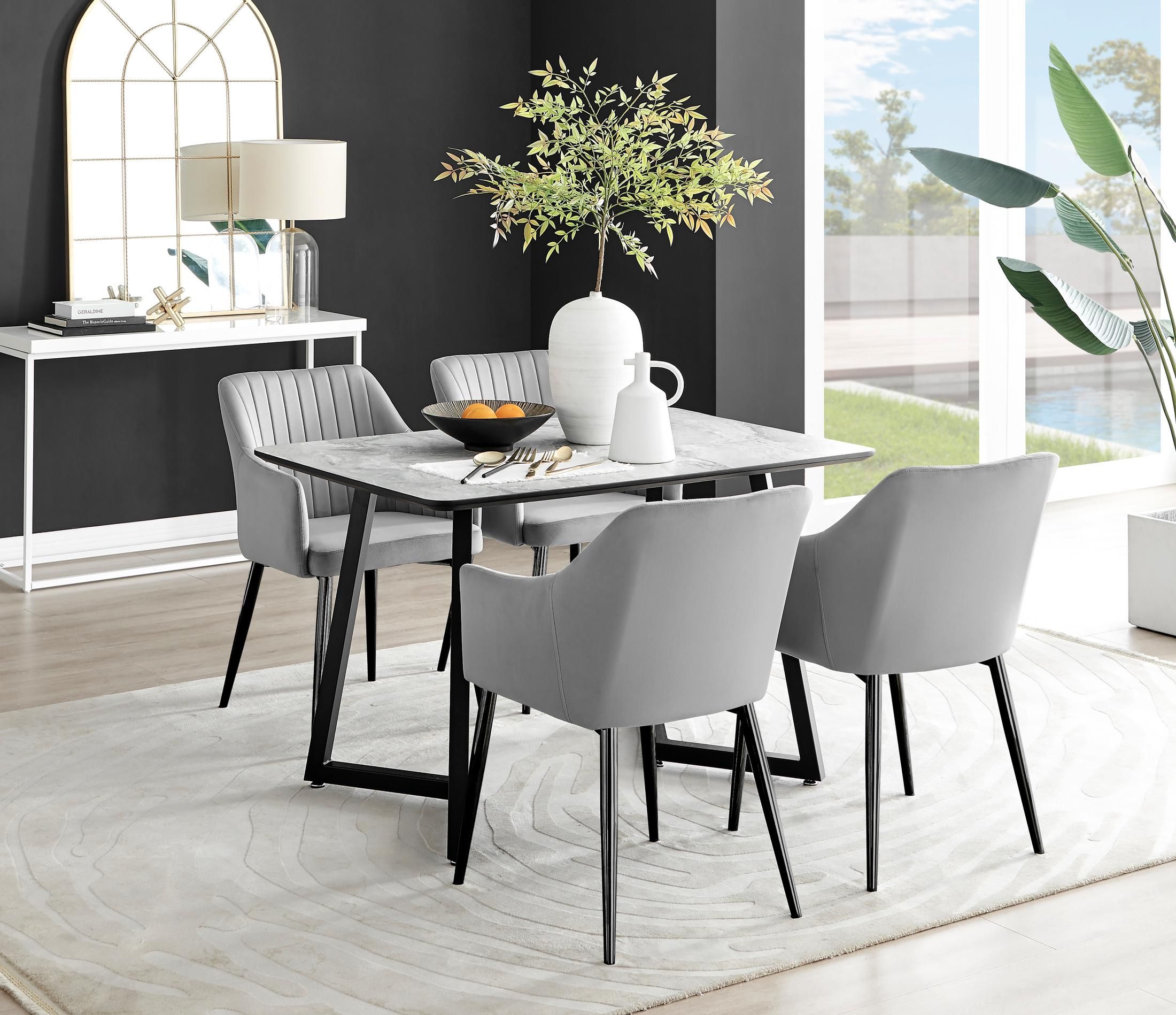 FurnitureboxUK Carson White Marble Effect Dining Table & 4 Calla Black Leg Chairs in Grey