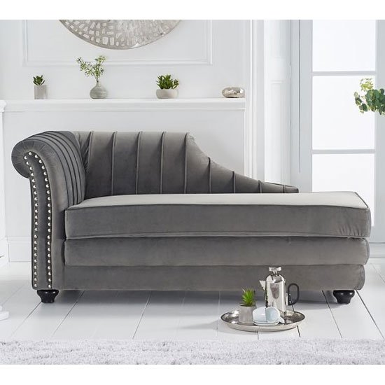 Laurn Velvet Left Facing Arm Lounge Chaise In Grey