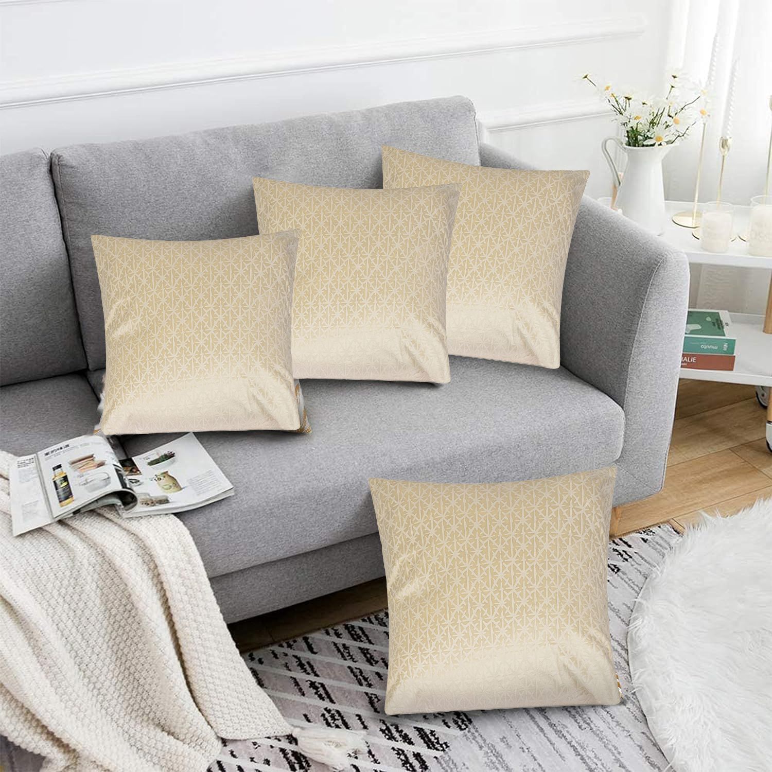 Luxury Living Luxurious Textured Velvet Cushions Set of 4 - Soft Plush Fibre Pads, Vibrant Colours for Sofa & Bed Décor in Cream
