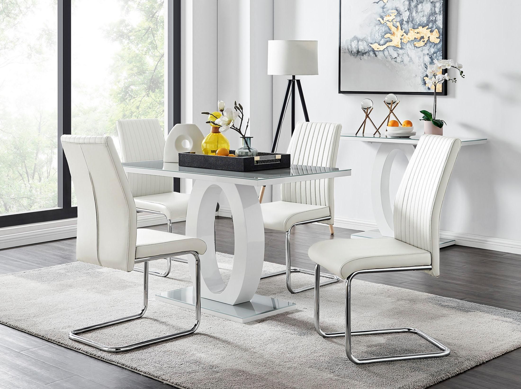 FurnitureboxUK Giovani Grey White Modern High Gloss & Glass Dining Table & 4 Lorenzo Chairs Set in Off-White