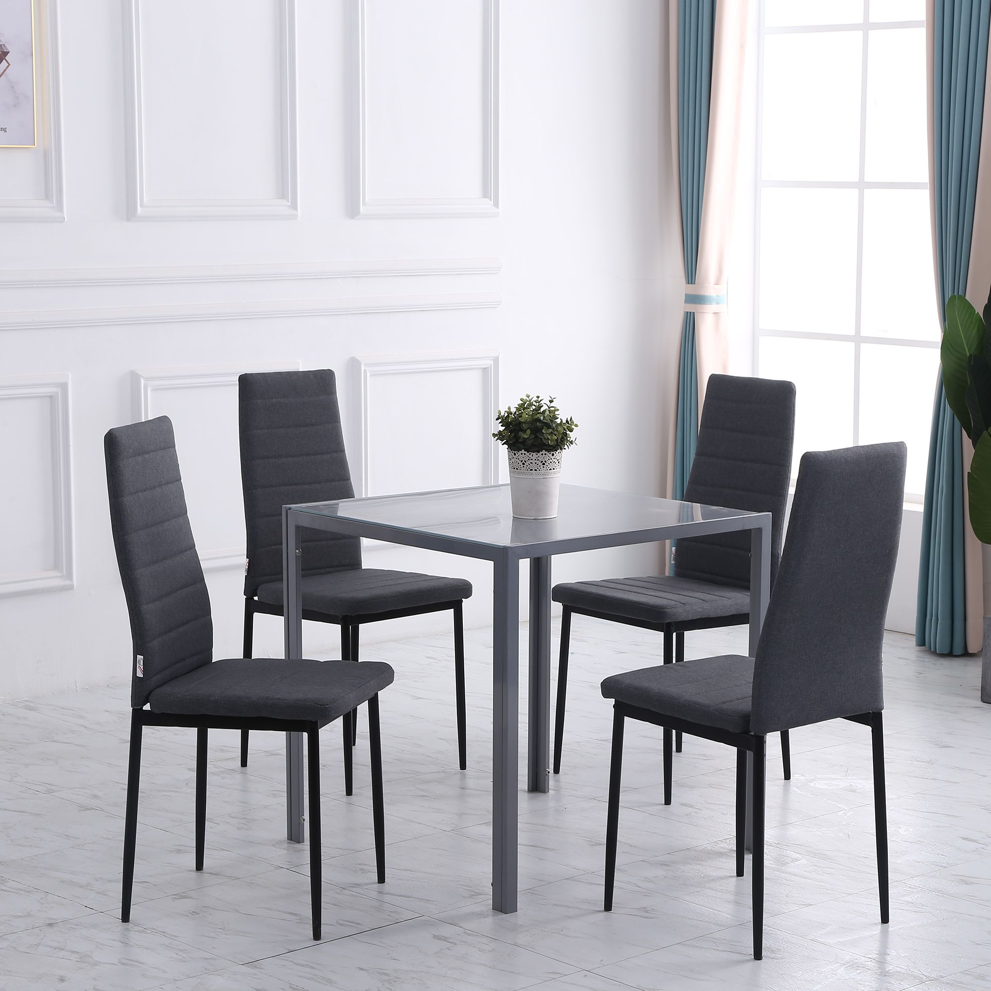 HOMCOM High Back Dining Chairs Upholstered Linen Touch Fabric Accent Chairs in Grey