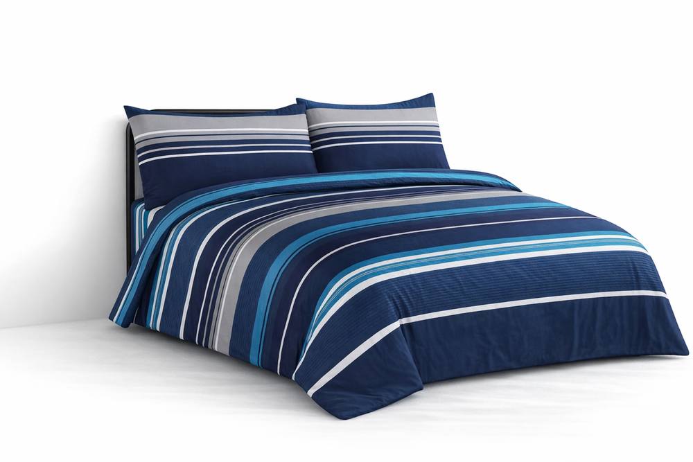 Homes-Linen 4 Piece Vega Microfiber Bedding Set Blue Stripe Pattern
