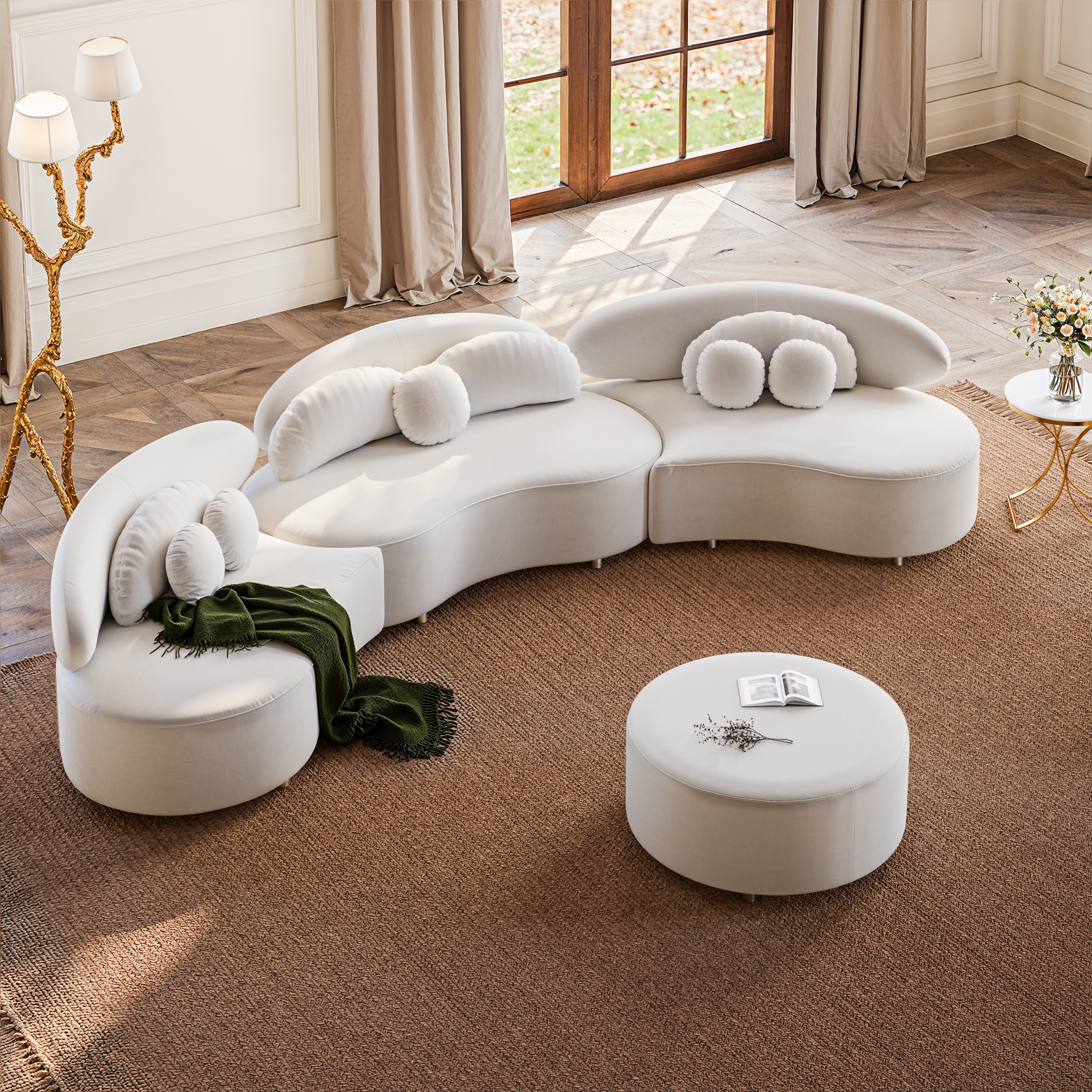 3700mm 4-Piece Curved Velvet Sectional Sofa with Ottoman & Pillows