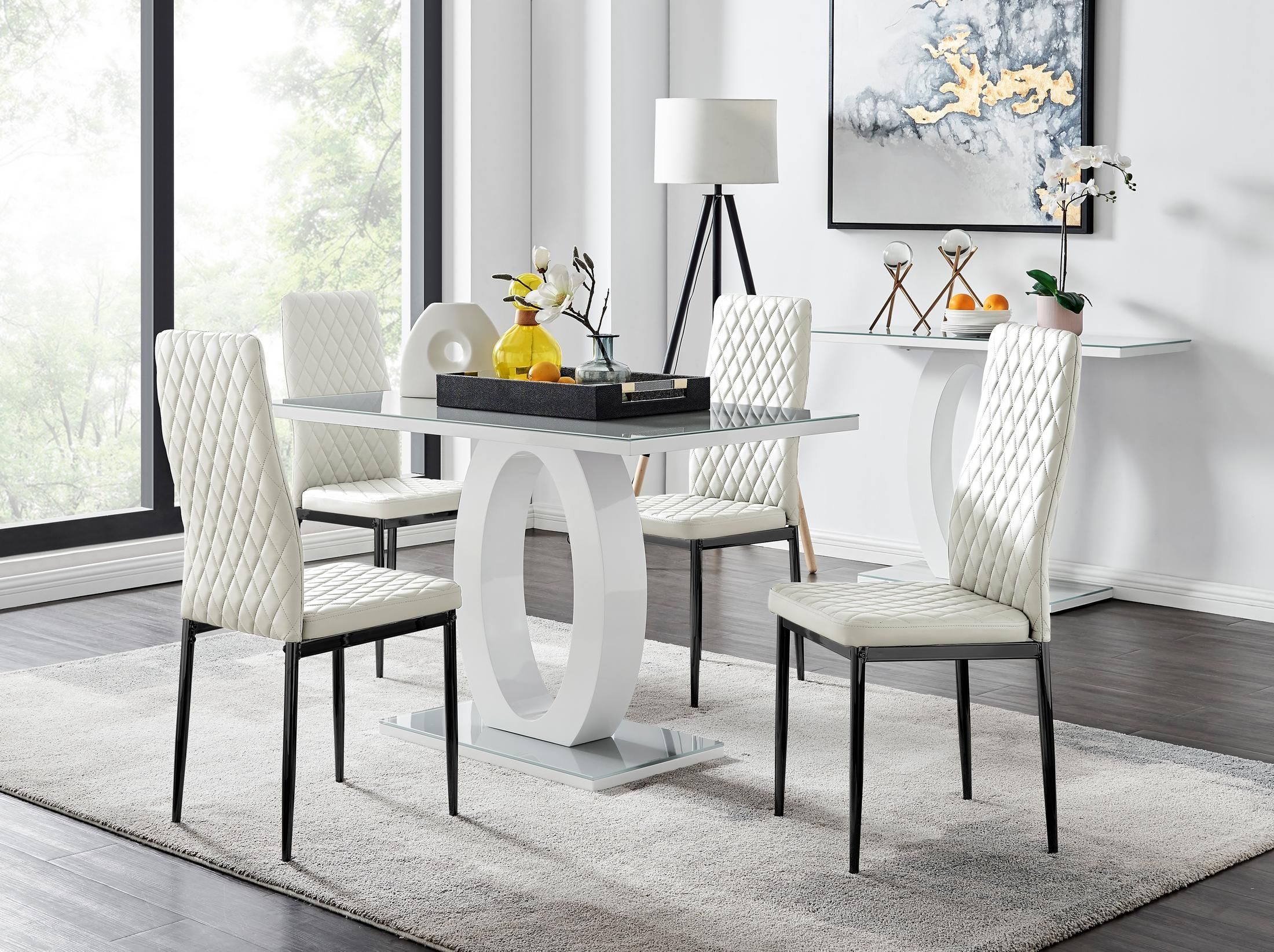 FurnitureboxUK Giovani 4 Grey Dining Table & 4 Milan Black Leg Chairs in Off-White
