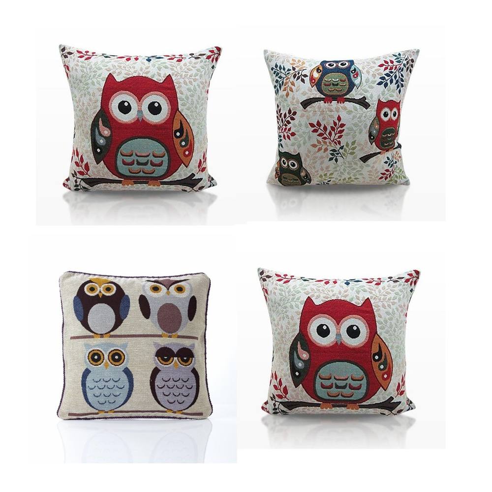 Luxury Living Whimsical Owl Tapestry Cushions (Set of 4 with Plump Pads)