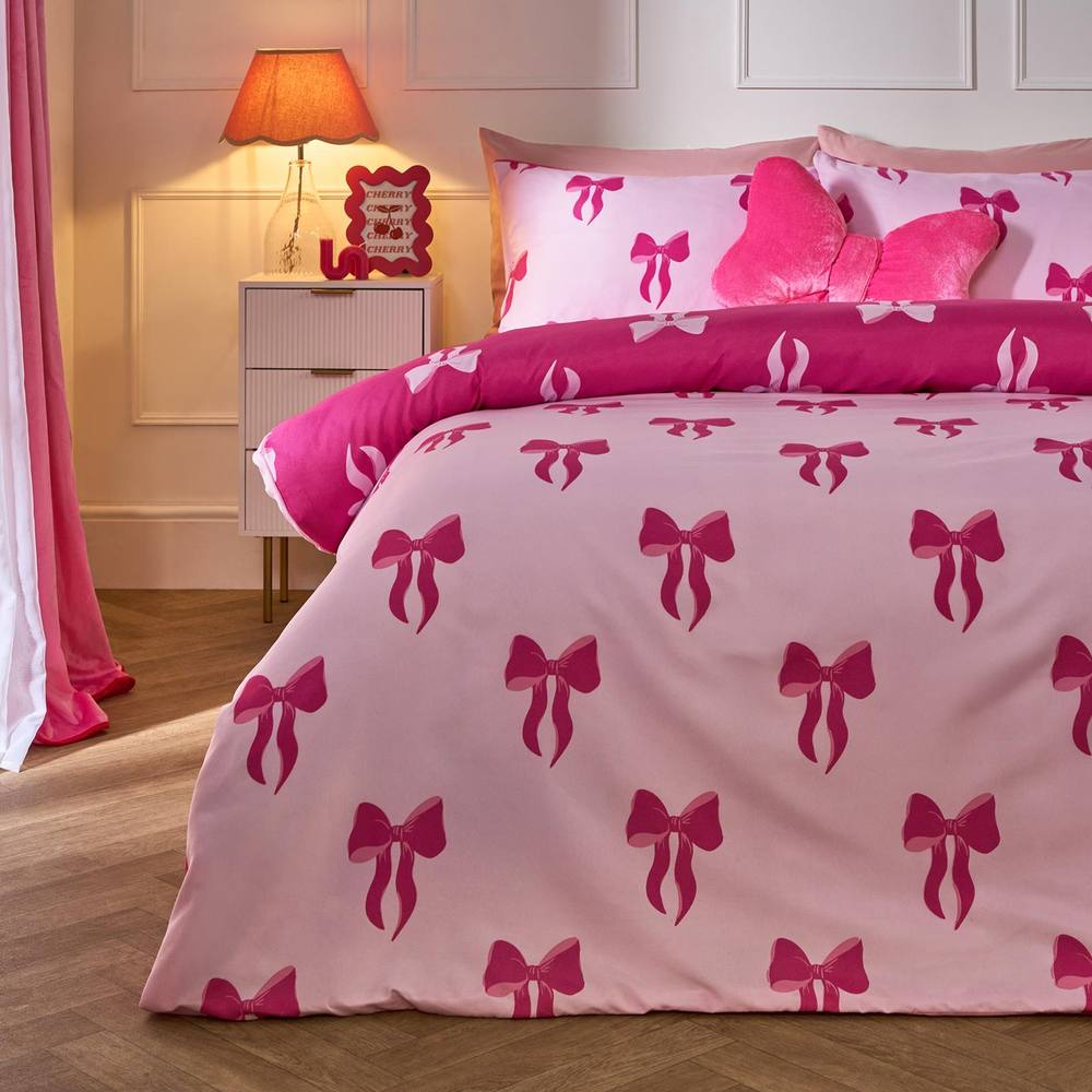 OHS Bows Microfibre Reversible Bedding Set Duvet Cover with Pillowcase in Pink