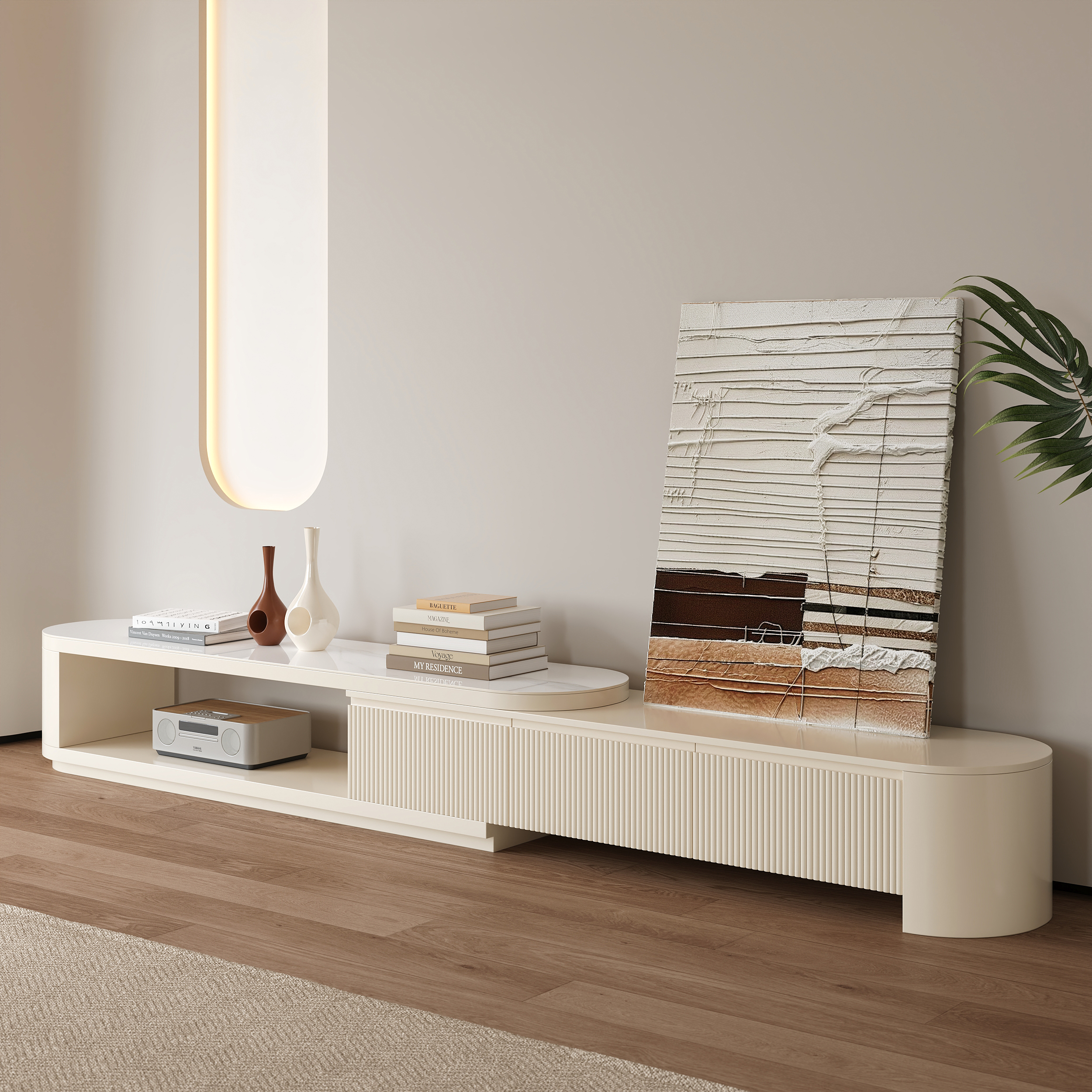 Extendable TV Stand Modern Sintered Stone Top Media Console with 3 Drawers in White