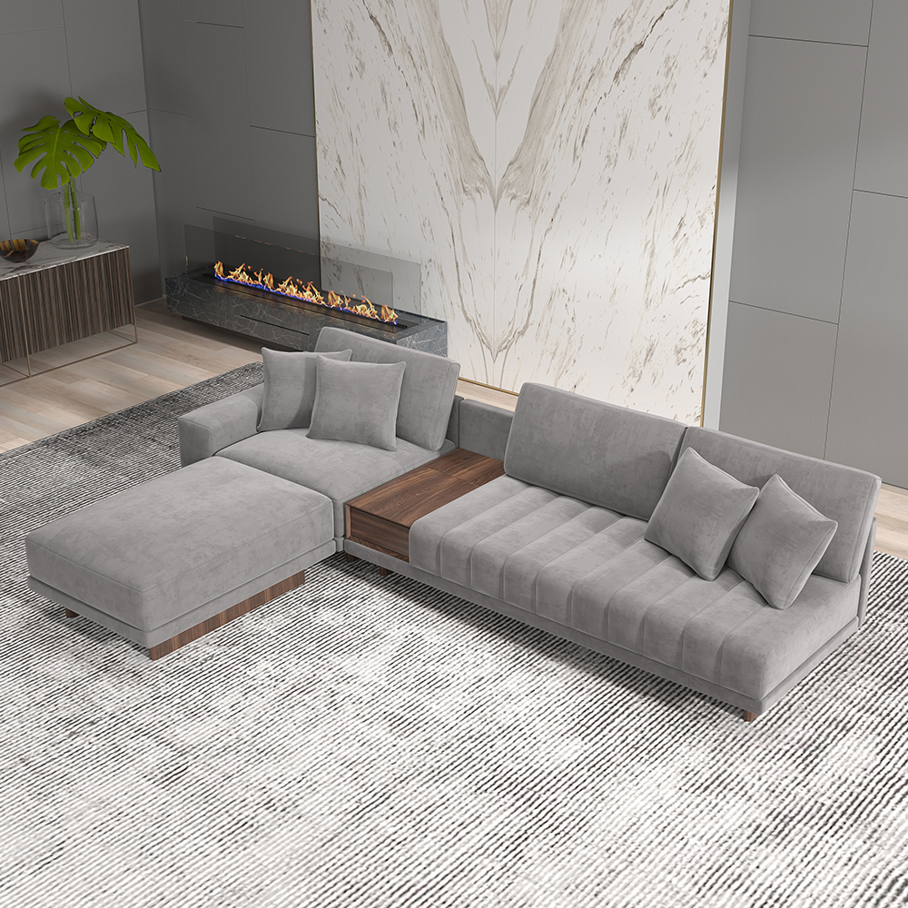 320 cm Velvet L-Shaped Grey Modular Sectional Sofa with Storage Side Table and Ottoman