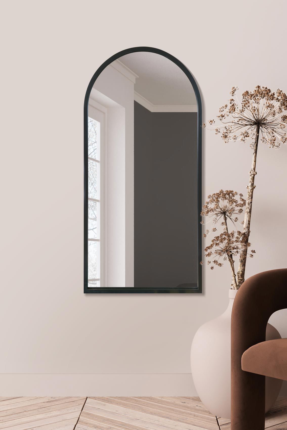 MirrorOutlet Black Metal Framed Arched Wall Mirror 47" X 23.5" (120CM X 60CM)