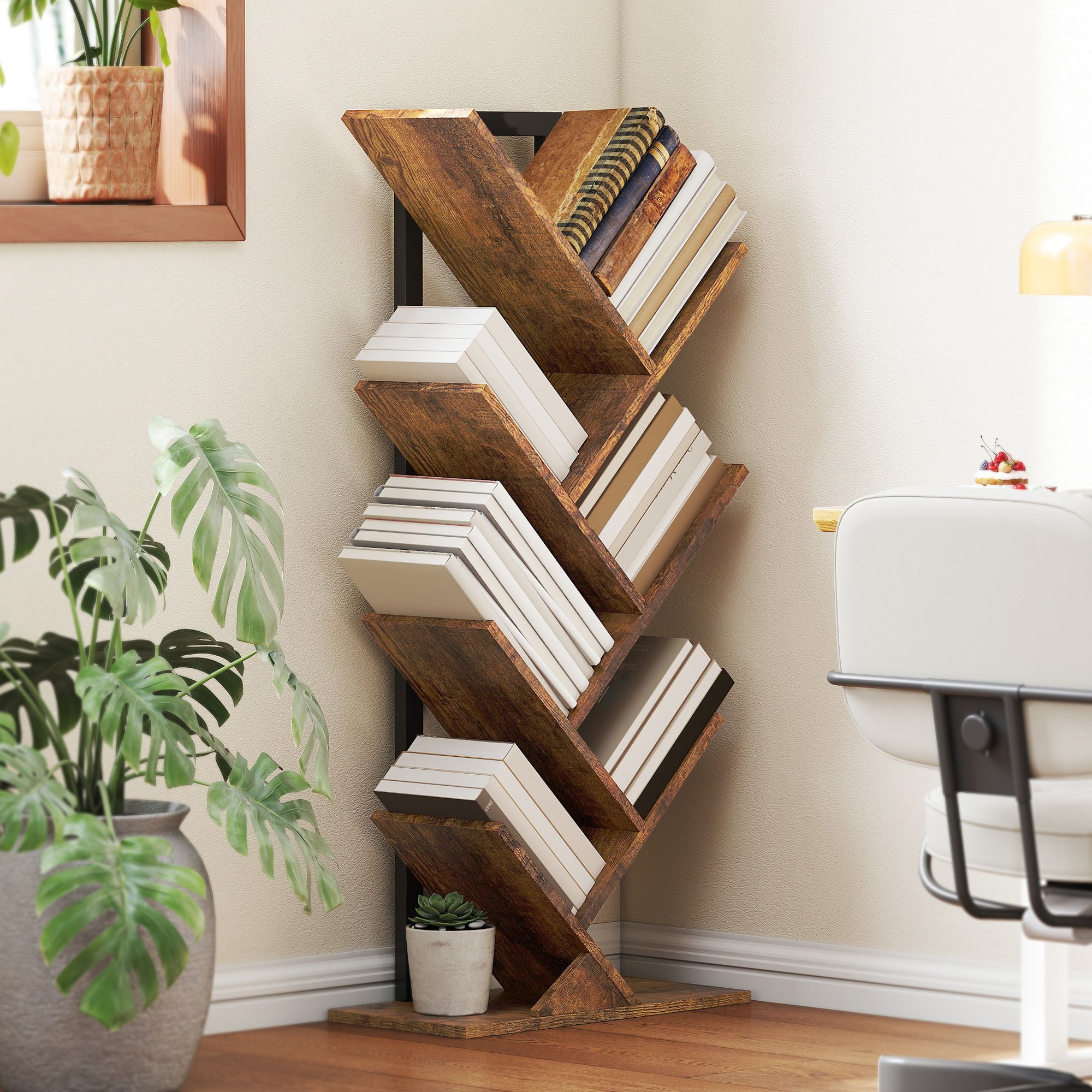 HOMCOM Tree Bookshelf with Steel Frame for Living Room, Rustic Brown