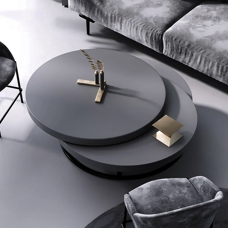Gray Round Modern Wood Swivel Coffee Table with Storage Drawer