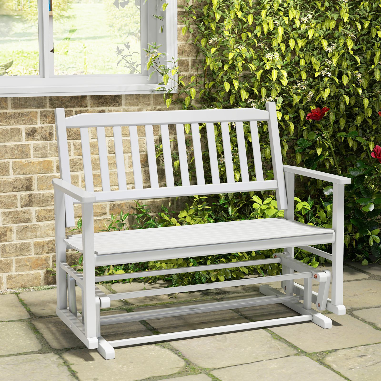 Costway 2 Seats Outdoor Glider Bench Poplar Wood Patio Swing Glider Loveseat Chair with Armrests in White