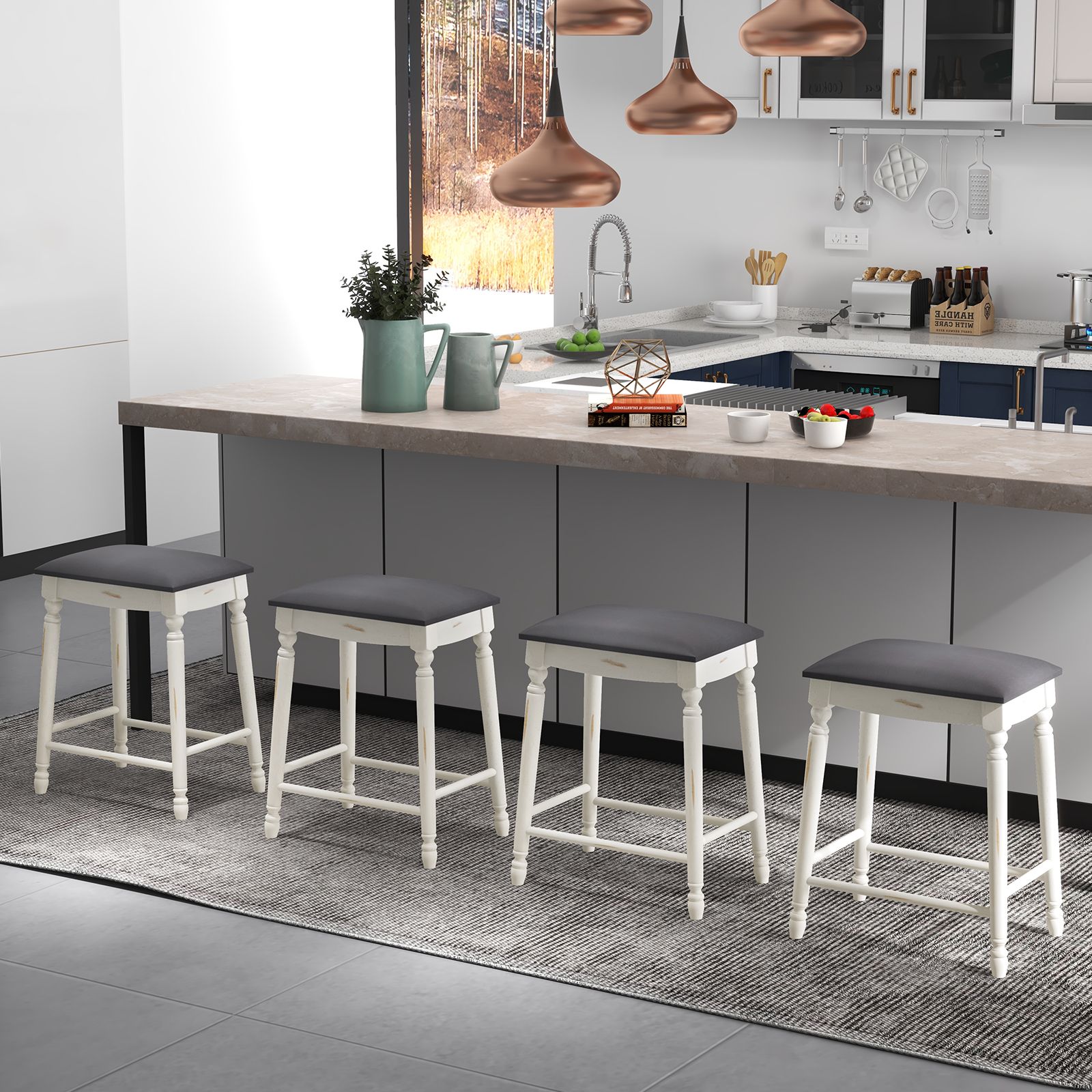 Costway Upholstered Bar Stool Set of 2 24"/61cm Counter Height Stools w/ Padded Seat Cushions in Grey 6