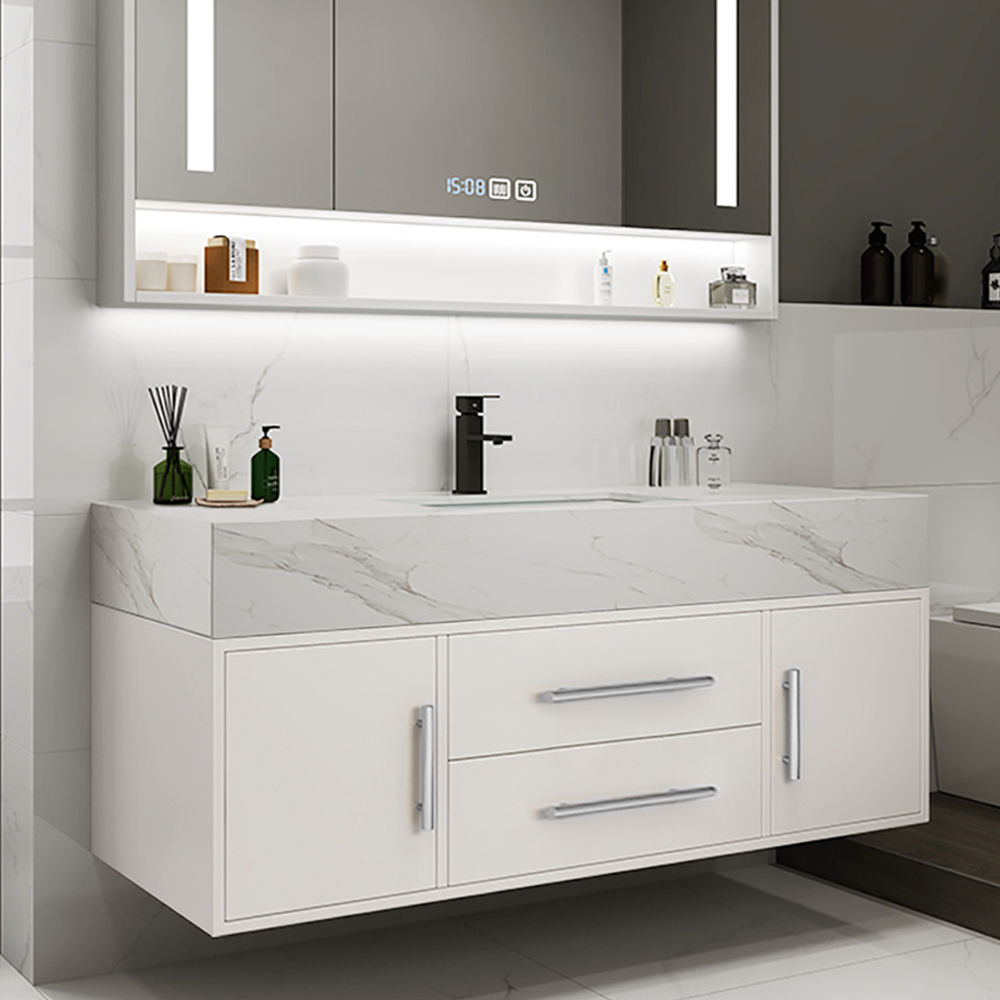 Modern 1000mm White Floating Bathroom Vanity Set with Silver Handle Stone Top Wall Mounted Bathroom Cabinet