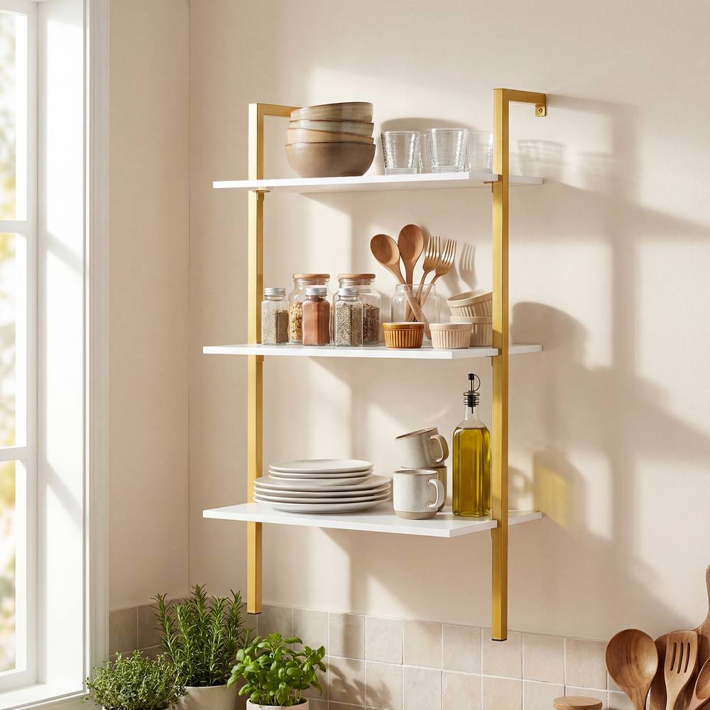 Costway 3-Tier Industrial Wall Mounted Bookshelf Wooden Floating Shelving Unit in White