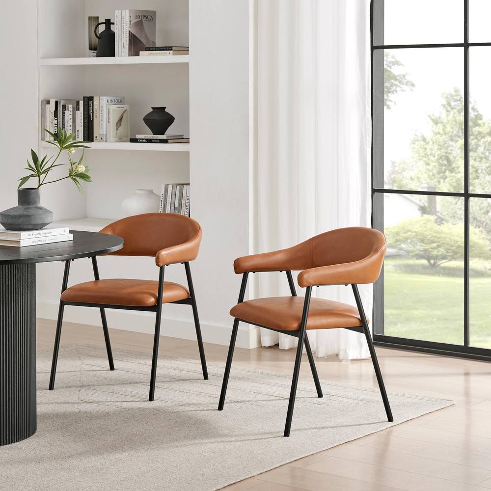 FurnitureboxUK 2x Delos Tan Faux Leather Fabric Dining Chairs in Brown