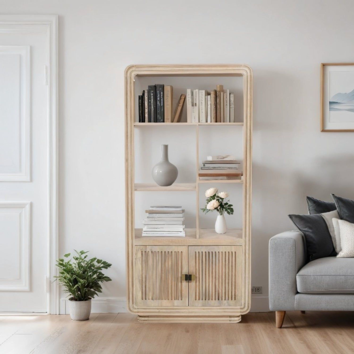 IH Design Paloma Carved Mango Wood Bookcase in Light Brown
