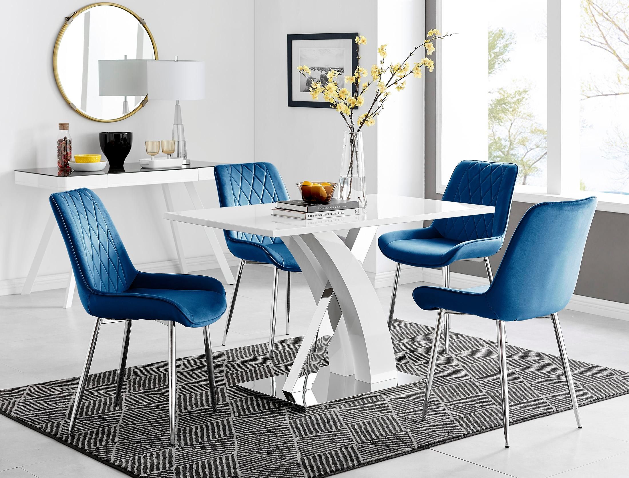 FurnitureboxUK Atlanta White High Gloss & Chrome 4 Seater Dining Table with X Shaped Legs & 4 Soft Velvet Pesaro Chairs in Navy