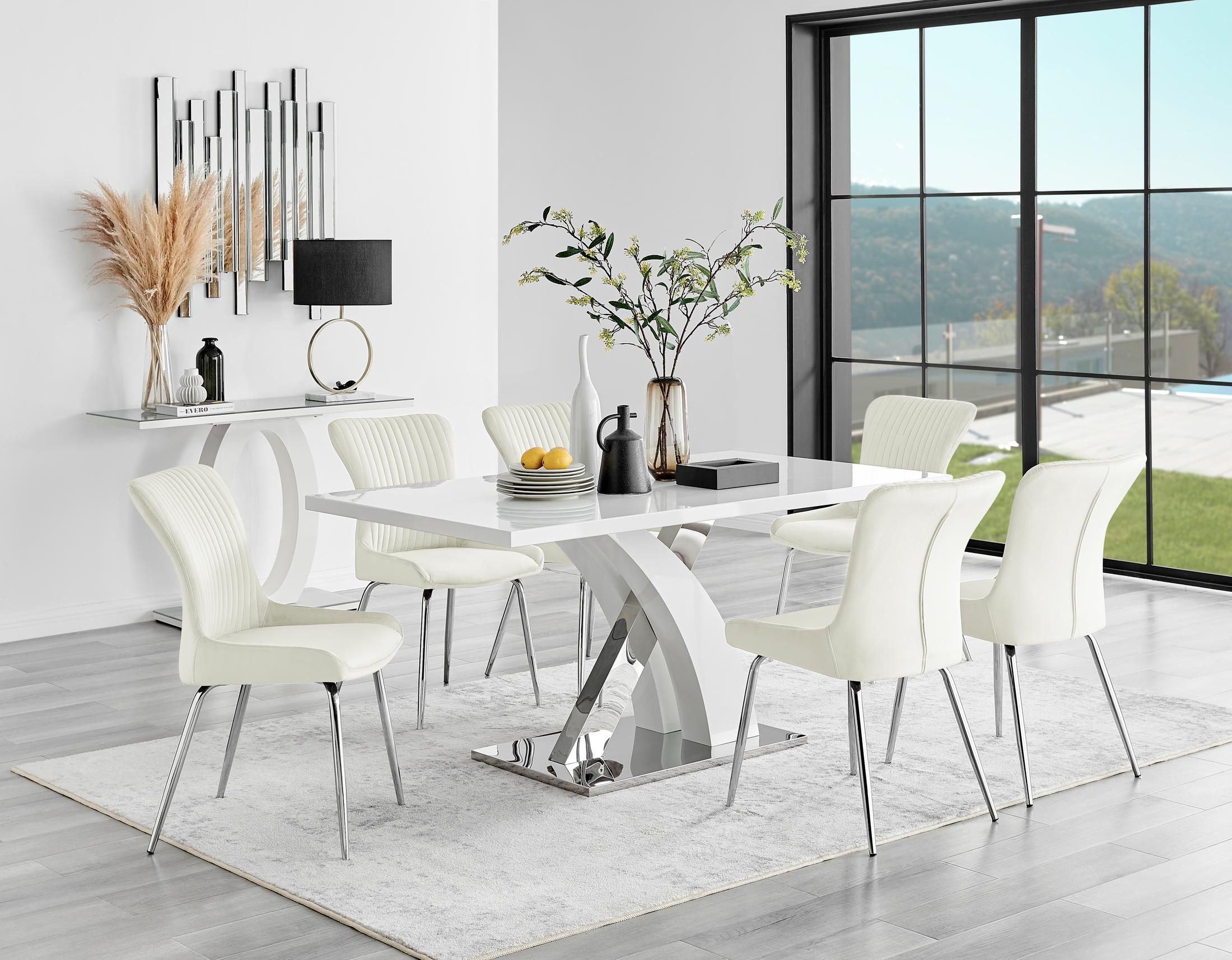 FurnitureboxUK Atlanta 6 White Dining Table & 6 Nora Silver Leg Chairs in Cream