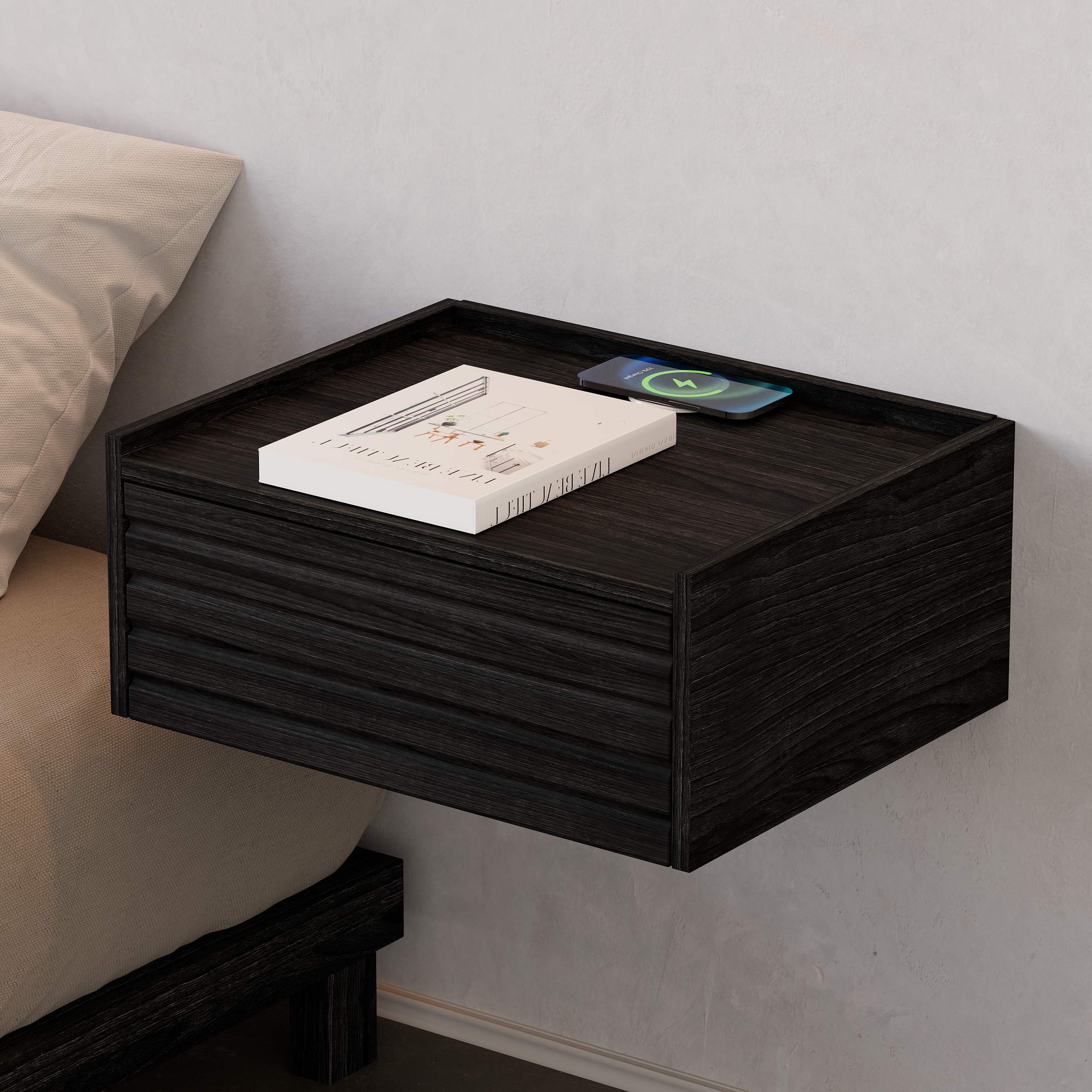 Wooden Floating Bedside Table Modern Bedside Table with Charging Station